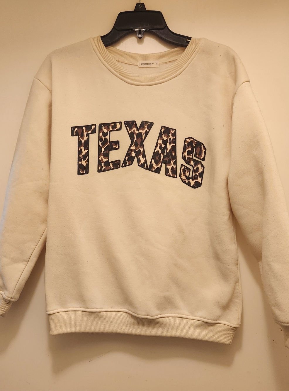 Cream 'Texas' Leopard-Print Crewneck Sweater, Size Small